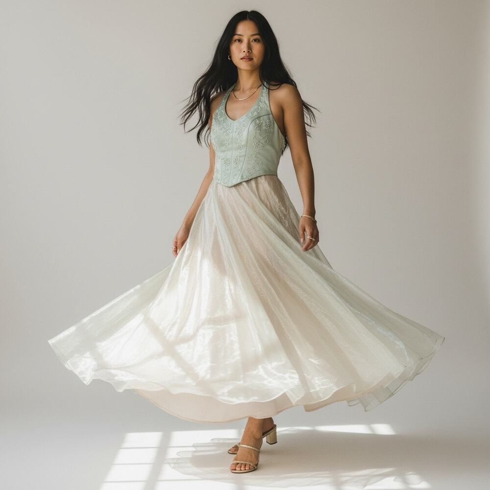 Vintage 90s Sage Green Floral Embroidered Halter Gown